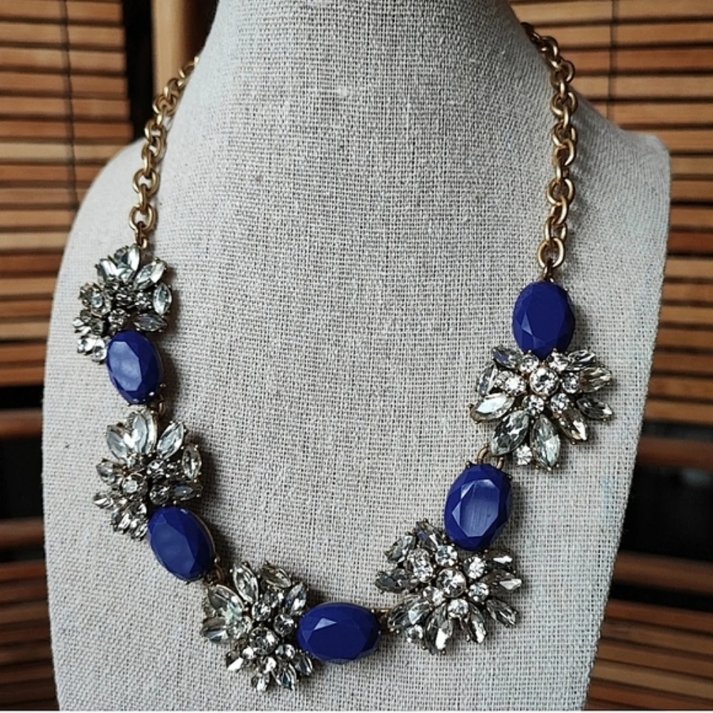 J. Crew Brand Sapphire Blue Opaque Cabachons Clear Rhinestones Pierced Earrings